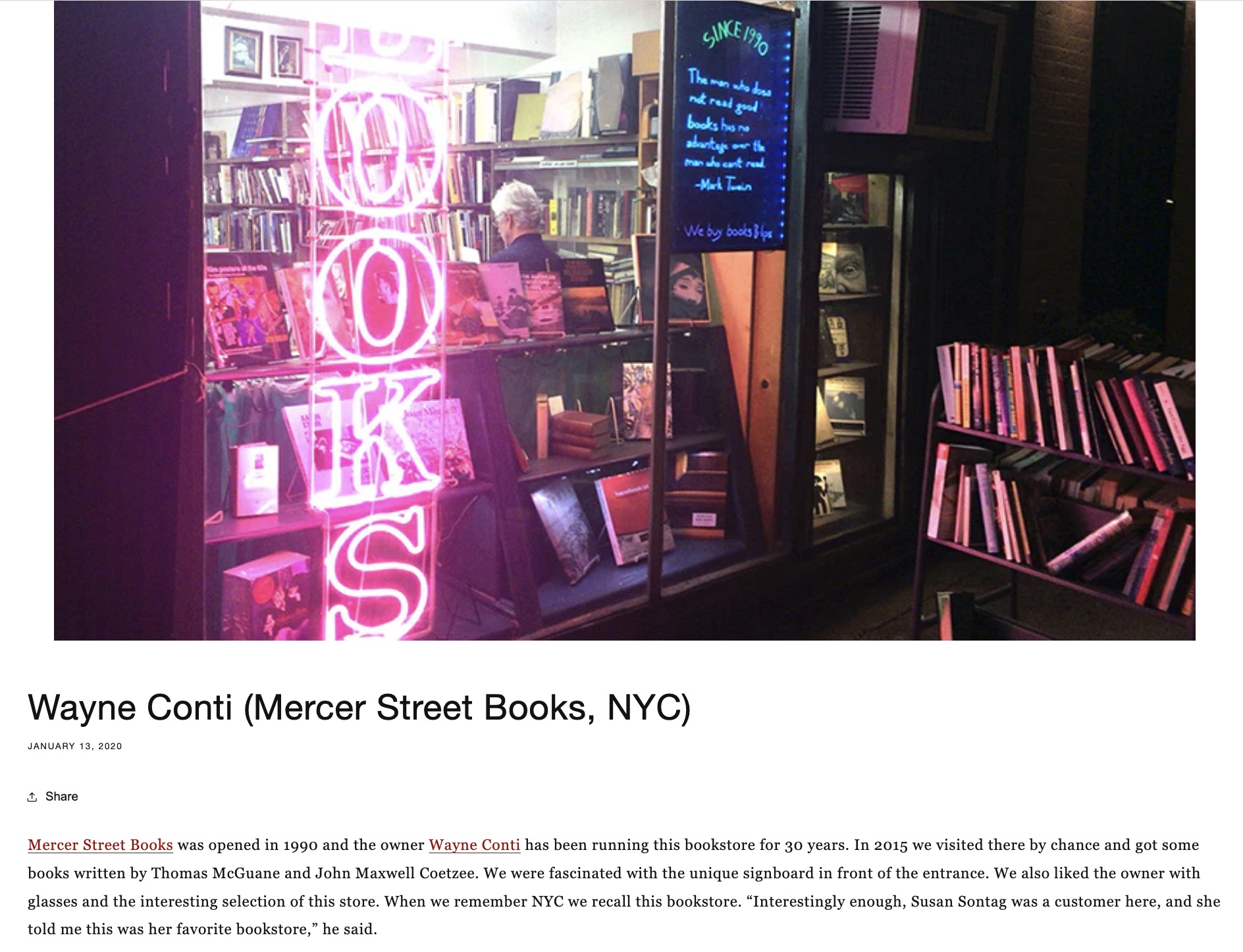 Wayne Conti bookstore interview page on POSTGENDAI